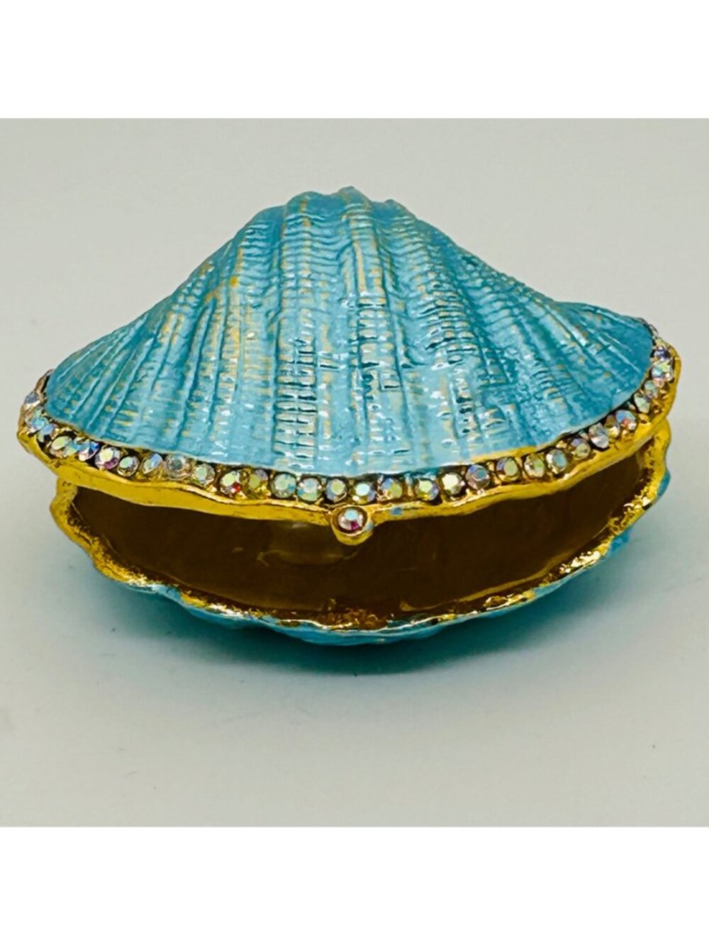 Turquoise Enamel Clamshell Trinket Box With Rhinestones Pearl-Inlaid Interior - Picture 2 of 12